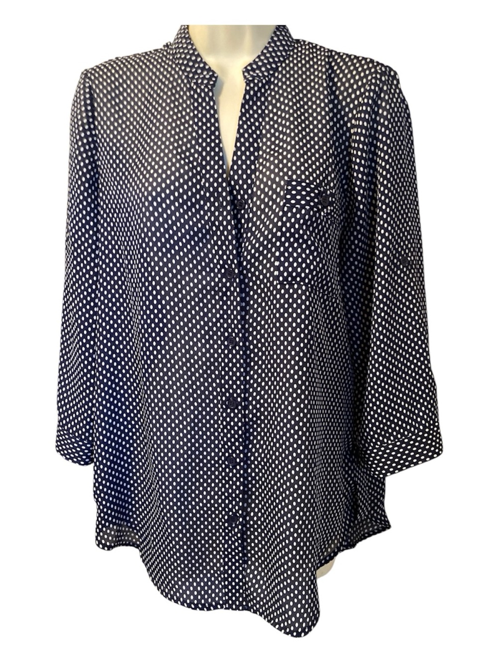 Simons Navy and White Polka Dot Button-Down Shirt - Picture 2 of 2
